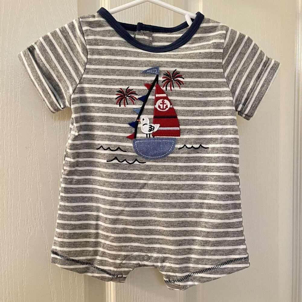 Mud Pie Sailboat Seagull Applique Shortall Romper Striped Boys SZ 3-6 Months NWT